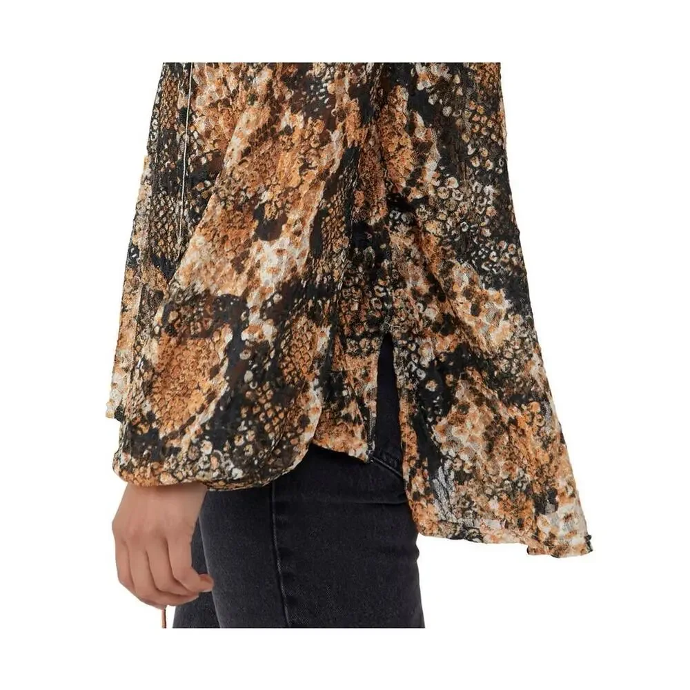 Free People Out For The Night Long Sleeve Blouse Shirt Size Small Snakeskin